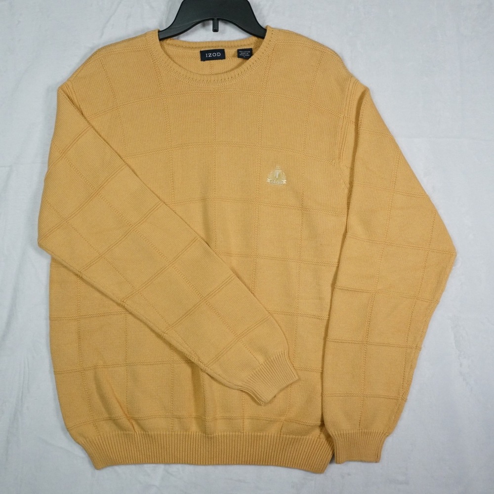 Vintage 90s IZOD Sweater Mens L‎ Yellow Grid Knit Heritage Preppy Grandpa Retro